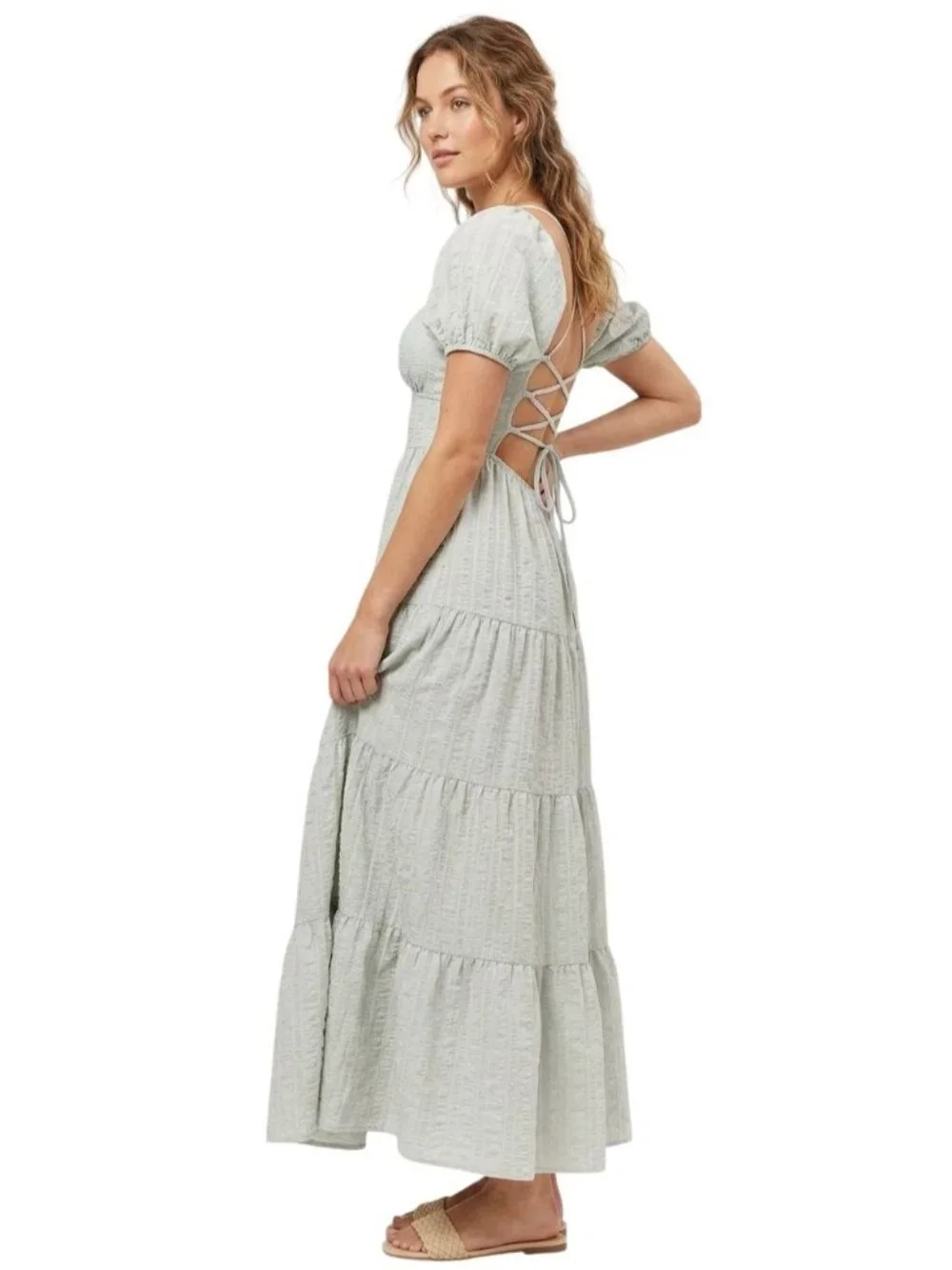 Forever 21 Puff Sleeve Crisscross Tie Back Tiered Skirt Maxi Dress Size Medium - Picture 2 of 13